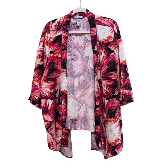 Catherines Linen Blend Open Front Kimono Cardigan Women 2X 22/24 Tropical Floral - Picture 1 of 6